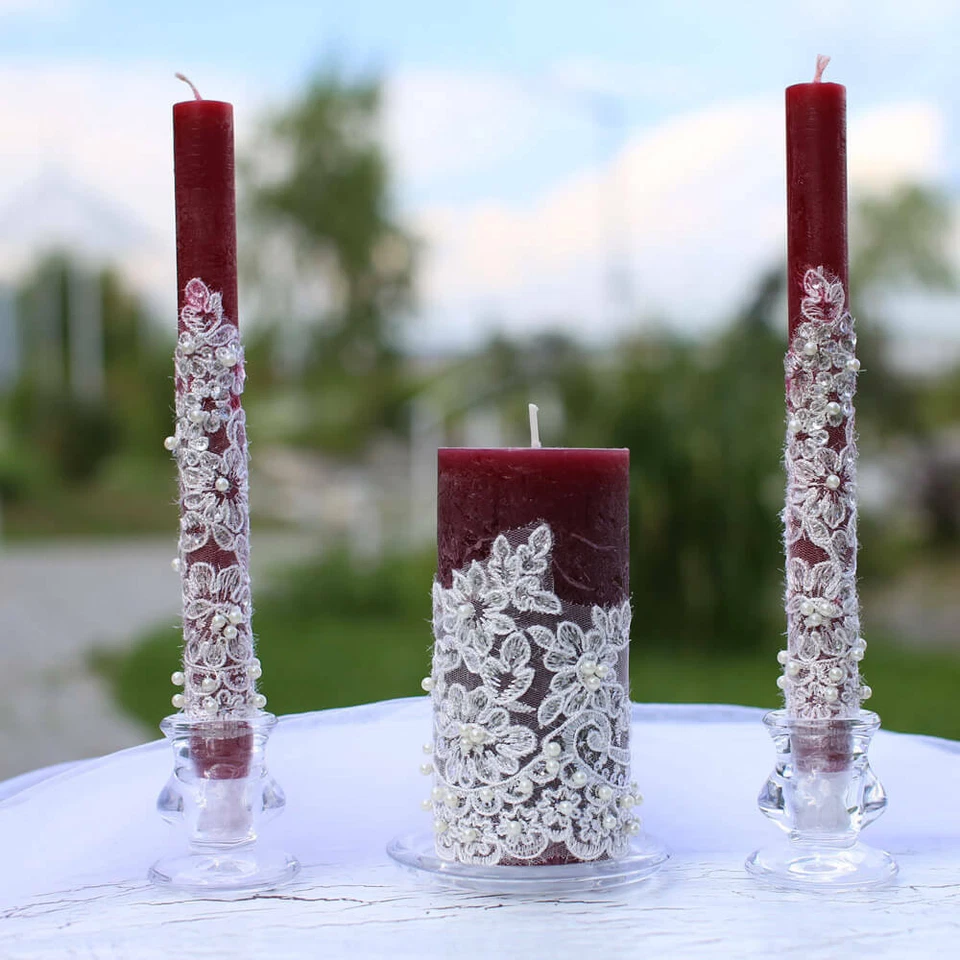 Velas de Boda Borgoña,Unidad Velas de Boda con Encaje para Velas de Ceremonia Foto 3 de 4