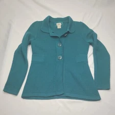 LL BEAN Cardigan Sweater Knit Teal Blue Collar Neck Rabbit Hair Blend Small