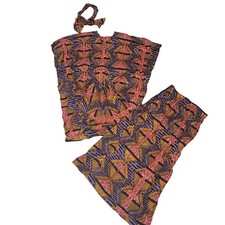 African Print Maxi Dress  Head Wrap Set - Size L - Multicolor Geometric Pattern