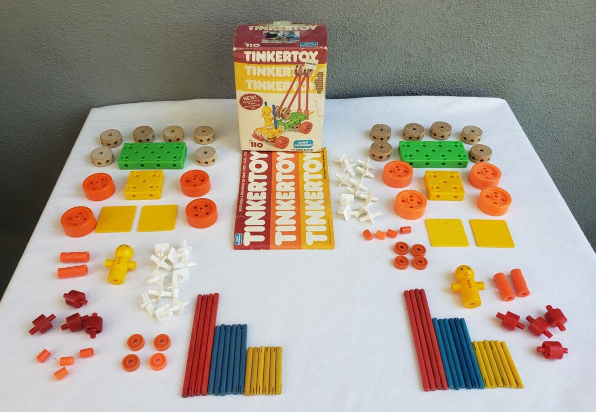 2 COMPLETE Vtg 1983 Child Guidance Tinkertoy 57pc Wood/Plastic