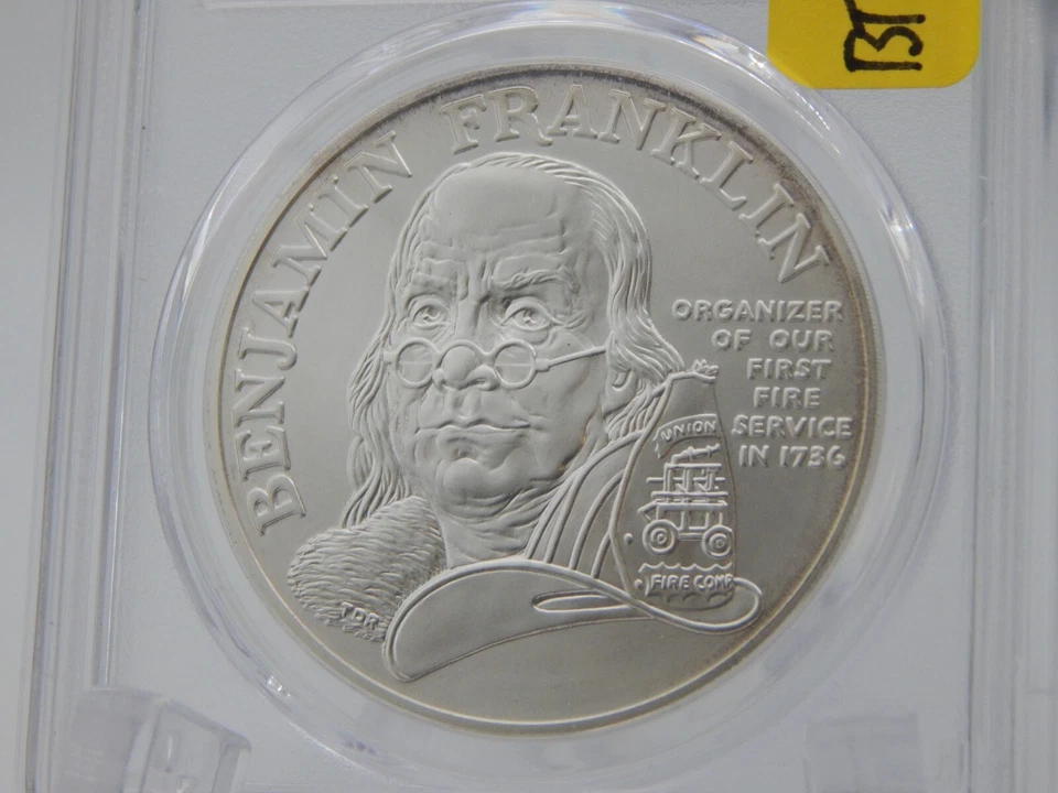 1992-P FIRE SERVICE SILVER MEDAL PCGS GEM UNC SCULPTOR SIGNED T.D. ROGERS SR 633 - Image 3 of 4