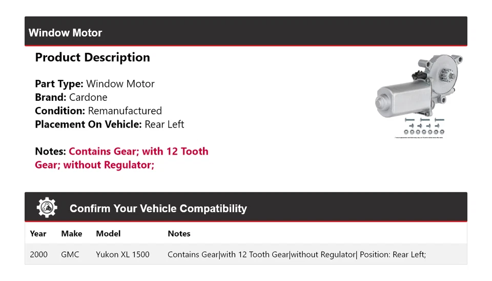 Para GMC Yukon XL 1500 2000 motor de ventana trasero izquierdo cardone Foto 2 de 4