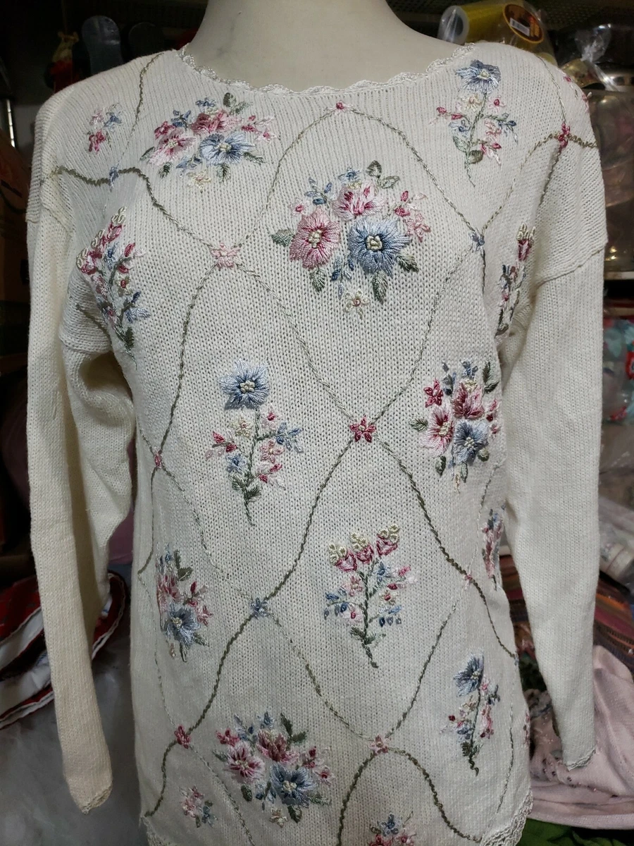 Worthington White Sweater Embroidered Flowers Crochet Details Ramie Cotton LARGE