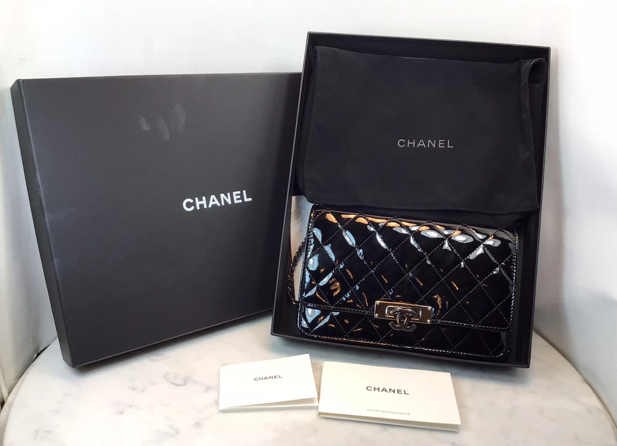 Genuine CHANEL Black Quilted Patent Leather Golden Class WOC Wallet On Chain