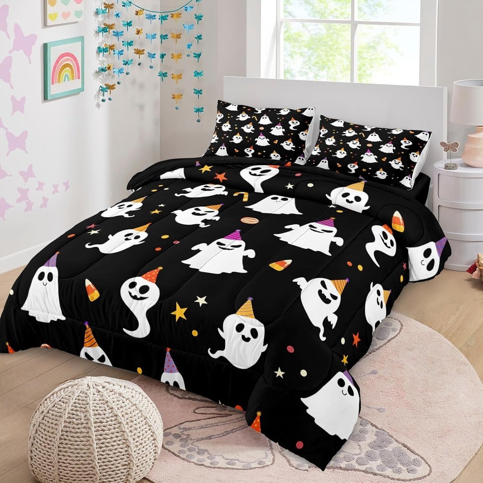Happy Halloween Comforter Set Queen Size Black White Ghost Bedding