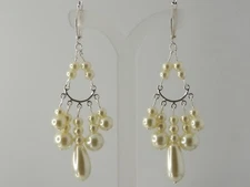Ivory color glass pearls, chandelier earrings, lever back, clip-on