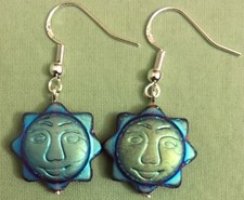 PURPLEY BLUE-RED AB SUN FACE GLASS BEAD EARRINGS - Sterling Silver Ear Wires