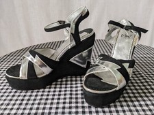TERRY DE HAVILLAND BLACK/SILVER WEDGE SHOES WITH ANKLE STRAP SZ 5/38