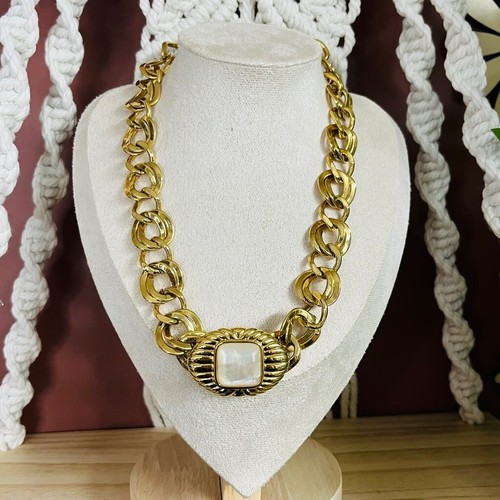 Vintage Monet Chunky Chain Necklace Gold Toned Metal Opaque White Accent Signed