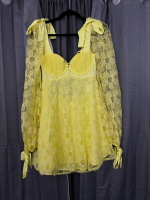 NWT For Love & Lemons Kiersten Mini Dress Womens M Yellow Sequin Fairy Coquette