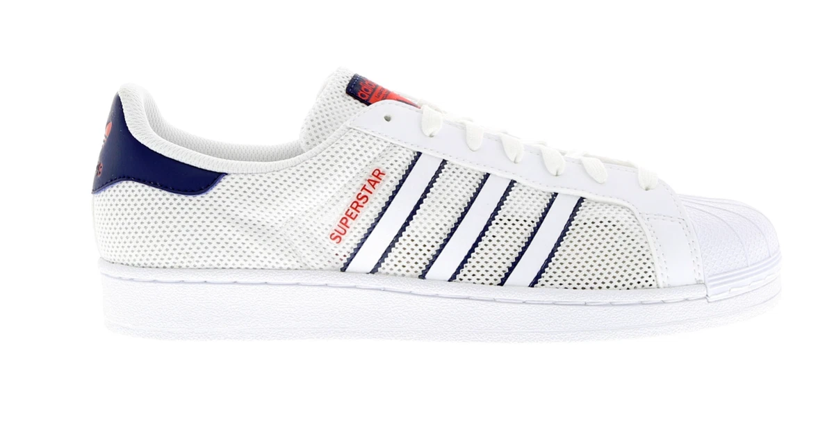 Adidas superstar white red and deals blue stripe trainers