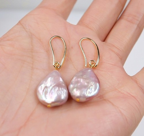Natural 15x20mm Purple Cultured Baroque Pearl Earrings 18KGP Ear Drop Hoop ~~P45 - Picture 7 of 8