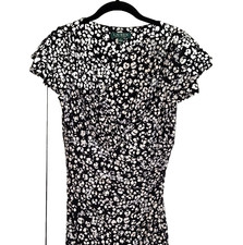 Ralph Lauren Dress Women 4 Black White Floral Faux Wrap Y2K Stretch Office