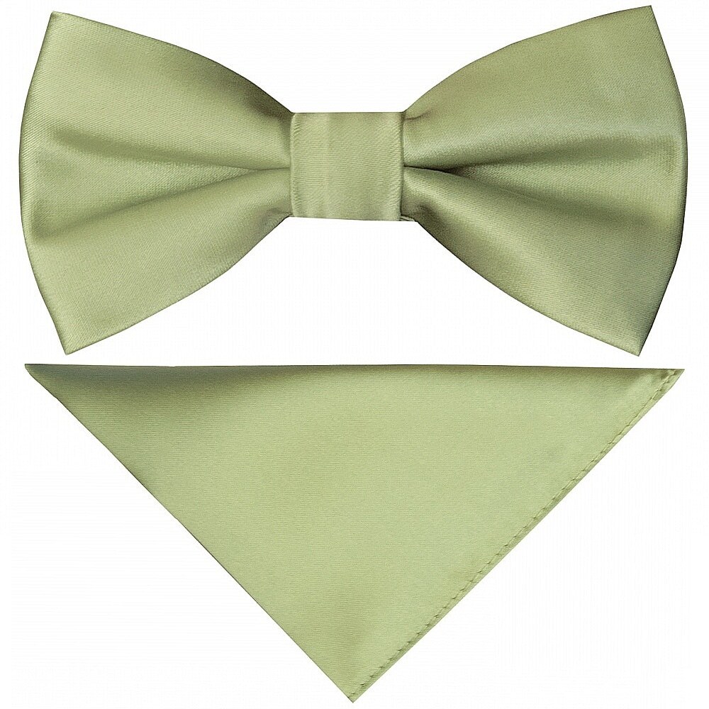 Pre Tied Plain Sage Green Satin Boys Bow Tie and Pocket Square Set Age 4-7