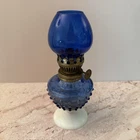 Vintage Miniature Cobalt Blue Hobnail Glass & Milk Glass Oil Lamp Brass Burner