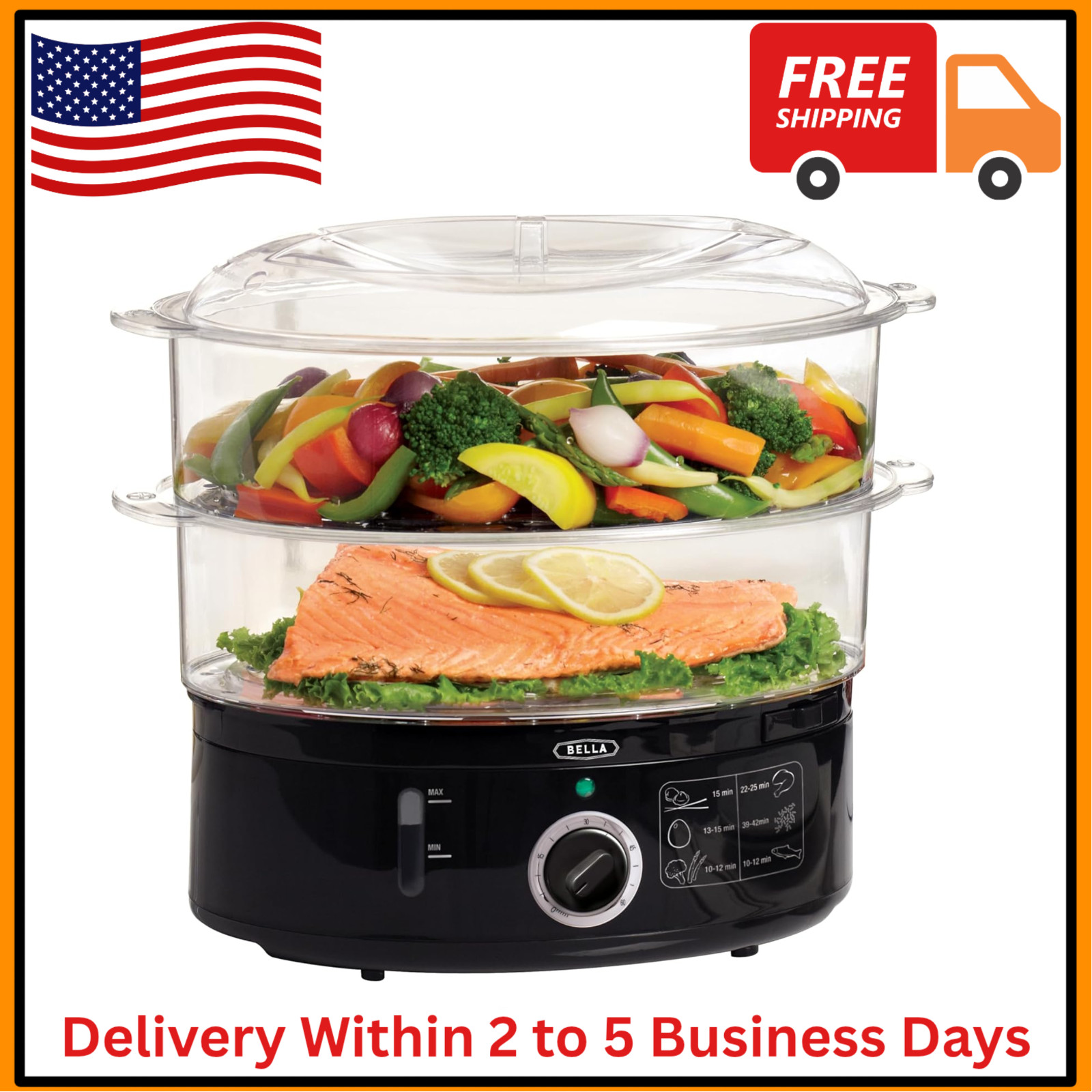 BELLA 7.4 QT 2-Tier Electric Food Steamer Vegetable Cooker Warmer for Cooking