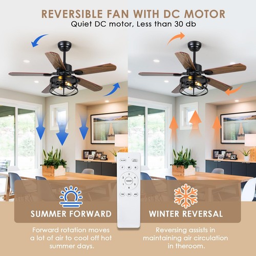 Ceiling Fan with Light and Remote,42in Farmhouse Caged Flush Mount Ceiling Fa... - Picture 7 of 9