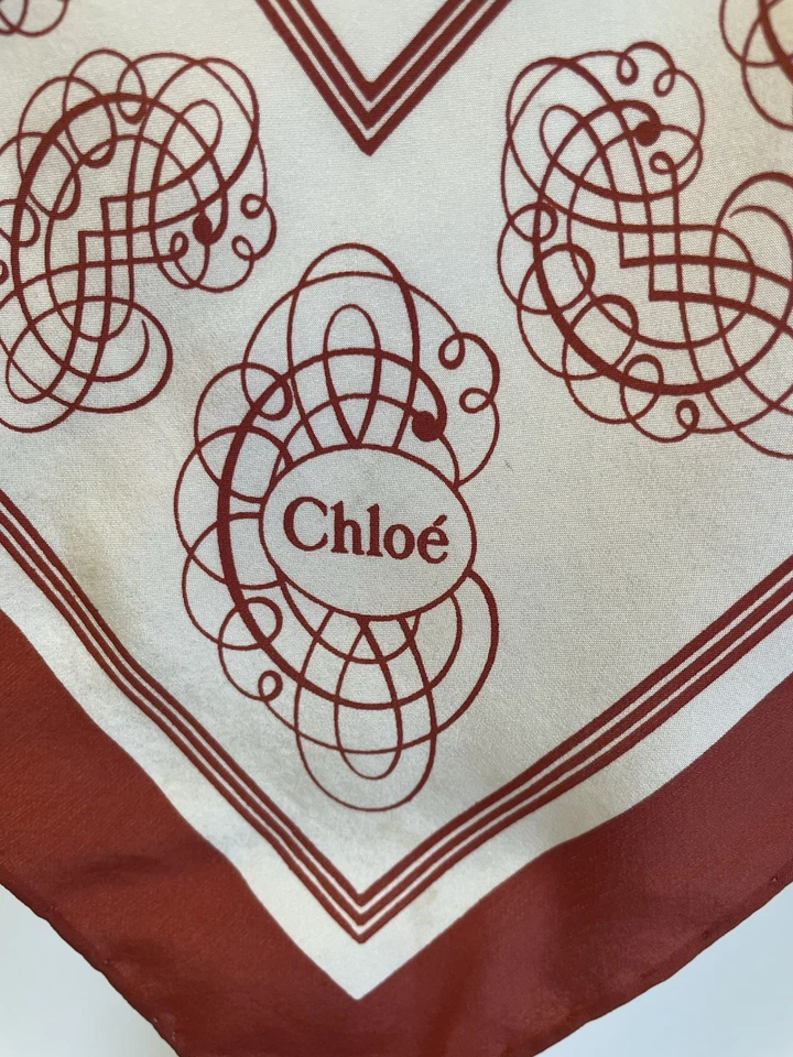 Y7#  Chloé Silk Scarf Red & Cream Paisley Monogram Pattern Made in France - Image 2 of 4