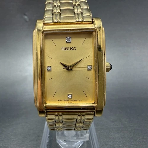 Seiko Tank Watch Men 25mm Champagne Dial Gold Tone Rectangle V701-5e49 New Batt