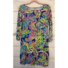 Lilly Pulitzer Long Sleeve Shift Dress Blue Pink Green Paisley Print Size Small