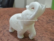5" White Marble Elephant Undercut Inside Baby Elephant Fine Filigree Decor H665