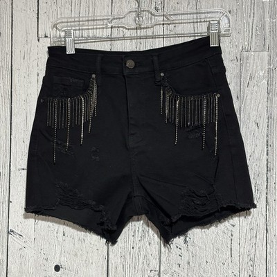 Risen JeansWomen s Black Distressed Shorts High Rise Rhinestone NWT Size Small