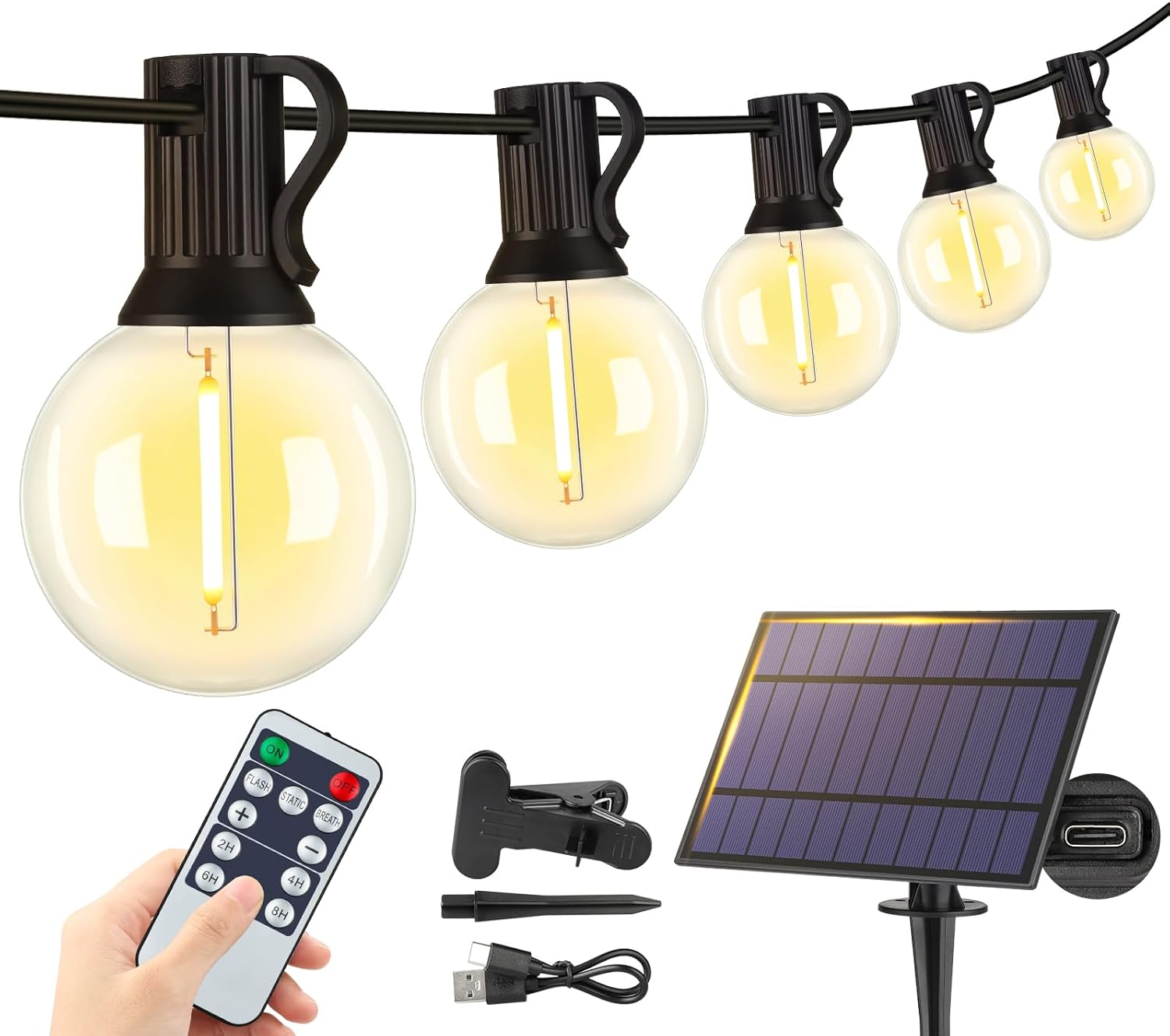 25FT Waterproof Solar String Lights with Remote - Dimmable 3 Modes for Patio & Outdoor