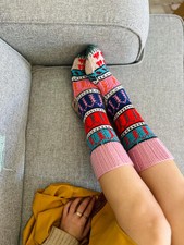 Handmade Boho Knit Wool Socks Pink Blue   Colorful Ethnic Pattern