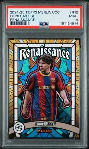 2024 TOPPS MERLIN UEFA CLUB COMPETITIONS RENAISSANCE #R10 LIONEL MESSI PSA 9