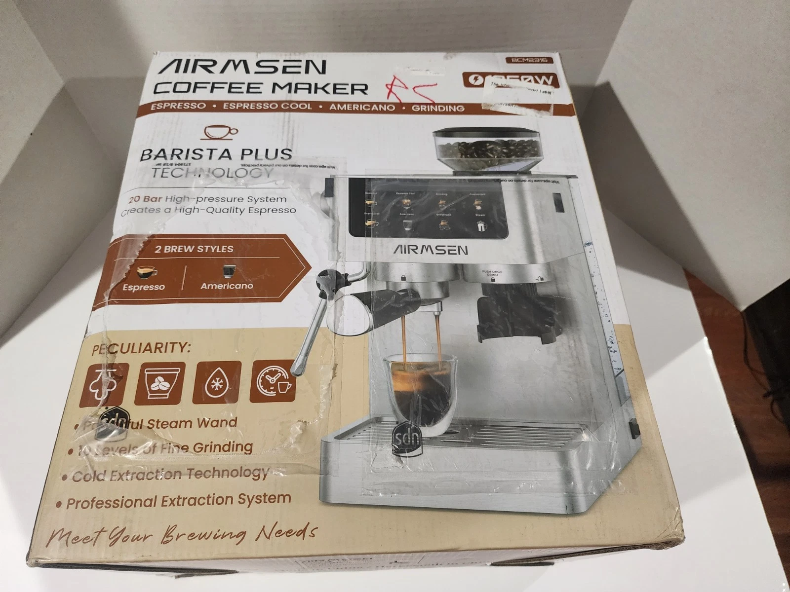 AIRMSEN BCM2316 Espresso & Americano Machine, Grinder, Steam Wand, Silver *READ*
Opens in a new wind