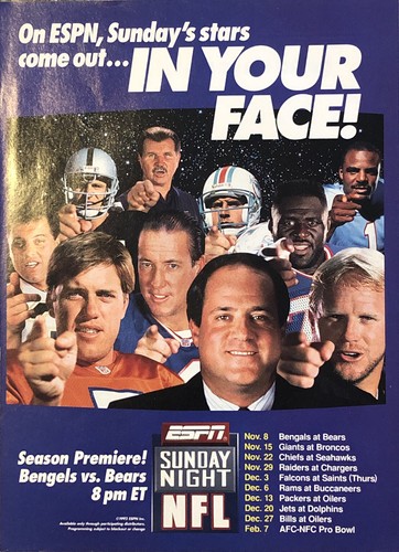 1992 ESPN Sunday Night Football VTG 1990s 90s PRINT AD John Elway Jim ...