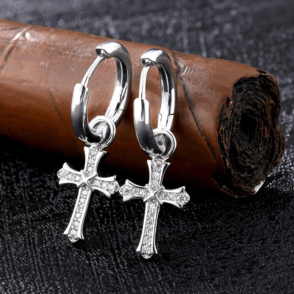 Men & Women 18K White Gold Plated CZ Cross Leverback Huggie Hoop Drop Earrings - Image 2 of 4