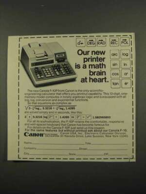 1974 Canon F-10P Calculator Ad - A Math Brain at Heart