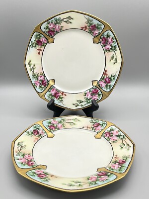 Antique Weimar Germany Porcelain Set of 6 Handpainted Salad Plate Flowers Signed