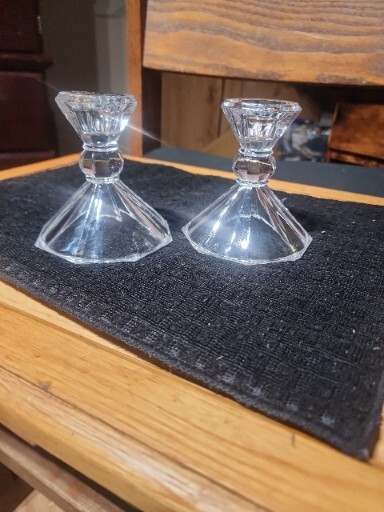 PAIR OF SHANNON? CRYSTAL PRISM TAPER CANDLE HOLDERS HEAVY AND BEAUTIFUL VINTAGE