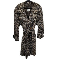 Vintage 90's Trench Coat 14 Brown Animal Faux Fur Large Lapel Belted Fashion Mod