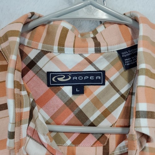 Roper Mens L Orange Plaid Button Down Shirt Western Cowboy Rodeo Barn Chore Farm - Picture 8 of 12