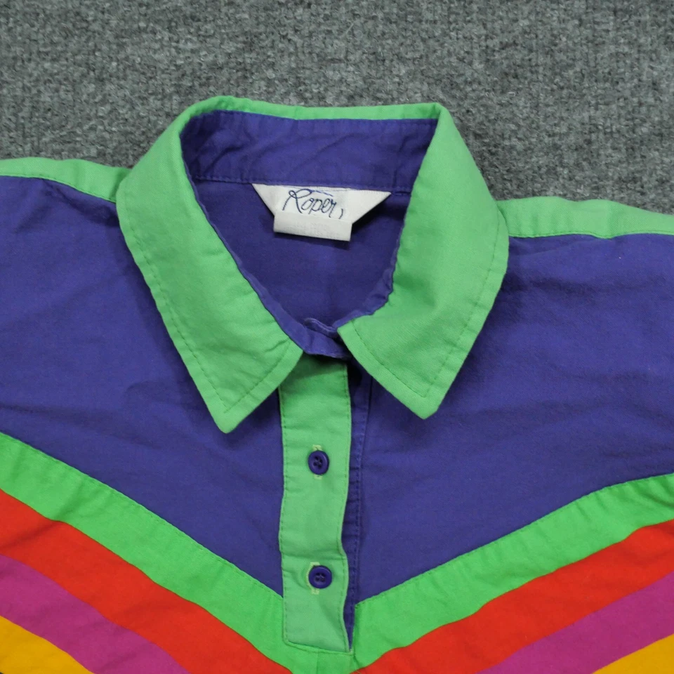 Camisa Roper Vintage Mujer Grande Verde Púrpura Cuello Occidental Años 80 90 Foto 3 de 4