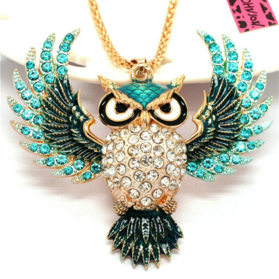 New Fashion Women Crystal Blue Cute Wings Owl Rhinestone Sweater Chain Necklace