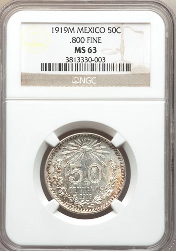 MEXICO ESTADOS UNIDOS 1919 50 CENTAVOS COIN CERTIFIED UNCIRCULATED NGC MS-63