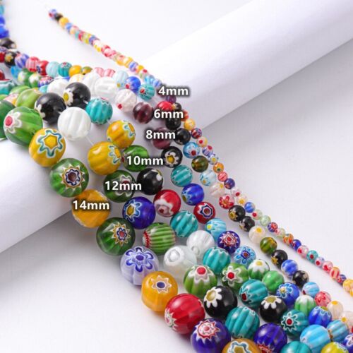 Mixed 4/6/8/10/12/14mm Round Millefiori Lampwork Glass Loose Beads Lot - Picture 3 of 9