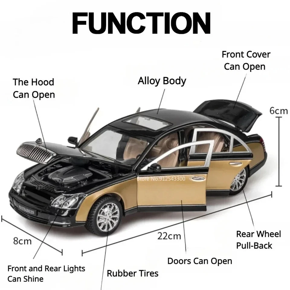 1/24 Maybach S600 Coche de Lujo Modelo Juguete Diecast Sonido Luz Modelo Coche Colección Foto 4 de 4