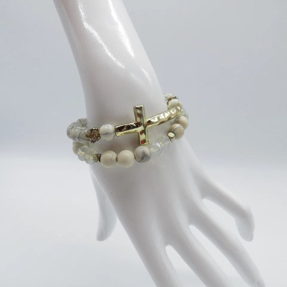 2件装白色大理石珠弹力手链金色十字架波西米亚珠宝6.5 * — 第 2/4 张图片