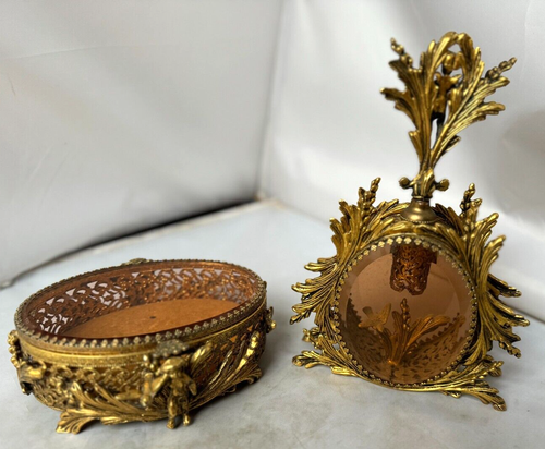 Vtg Ormolu Perfume Bottle&Jewelry Box Beveled Amber Glass Filigree French Rococo - Picture 2 of 23