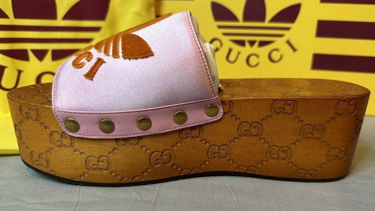 Gucci x Adidas GG Pink Satin Platform Sandals Clogs Women's Gucci x Adidas GG Pink Satin Platform Sandals Clogs Women's