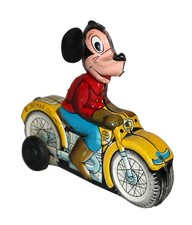 Nice, Clean & Working 1950s Linemar Mickey Mouse Tin Friction Motorcycle