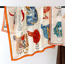 70 Cashmere 30 Silk Double Face Scarf Shawl Wrap 53'' Orange saddle Print new