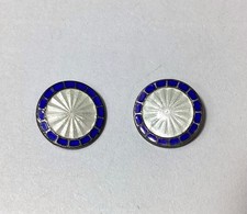 Antique Sterling Silver Guilloche Enamel Blue White Art Deco Buttons/Cufflinks