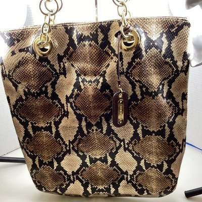 Cynthia Rowley Tote Bag Hobo  Snake Animal Print Gold Hardware Brown Leather