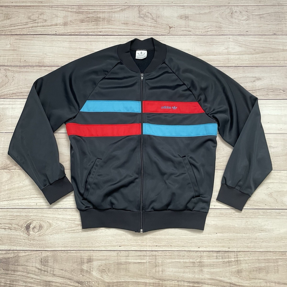 Vintage 1980s Adidas Black Track Jacket Size Large Trefoil Blue Vintage 1980s Adidas Black Track Jacket Size Large Trefoil Blue